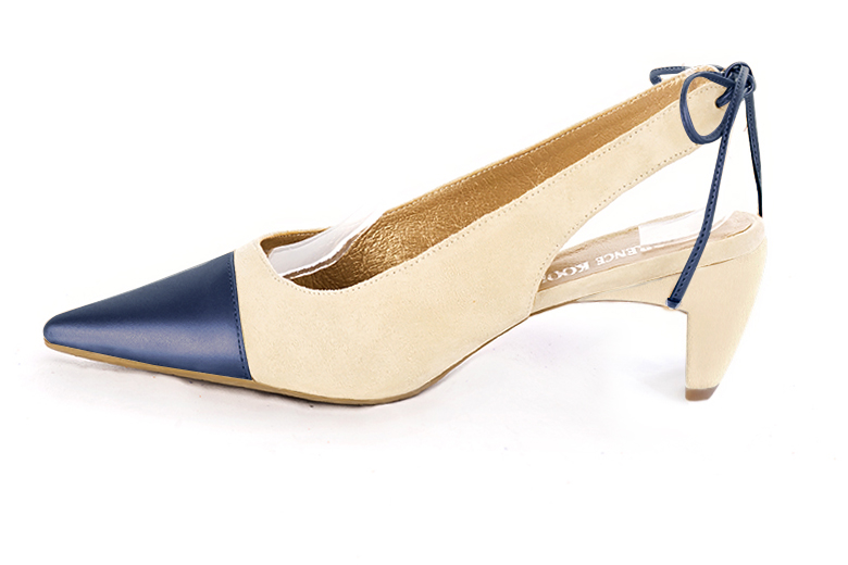 Prussian blue and champagne beige women's slingback shoes. Pointed toe. Medium comma heels. Profile view - Florence KOOIJMAN